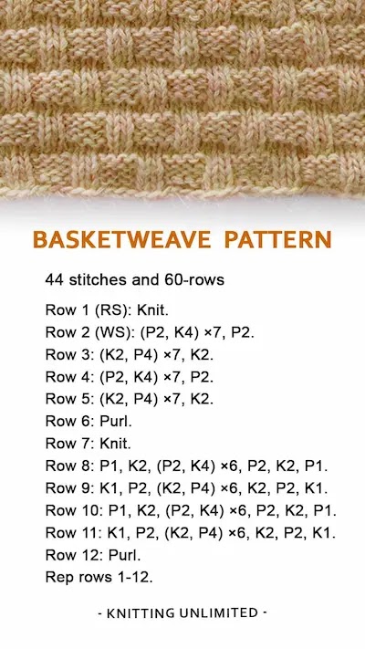 Basketweave knit purl pattern, you will need to work with 44 stitches.