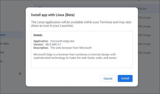 قم بتثبيت تطبيق Linux من Microsoft Edge على Chromebook
