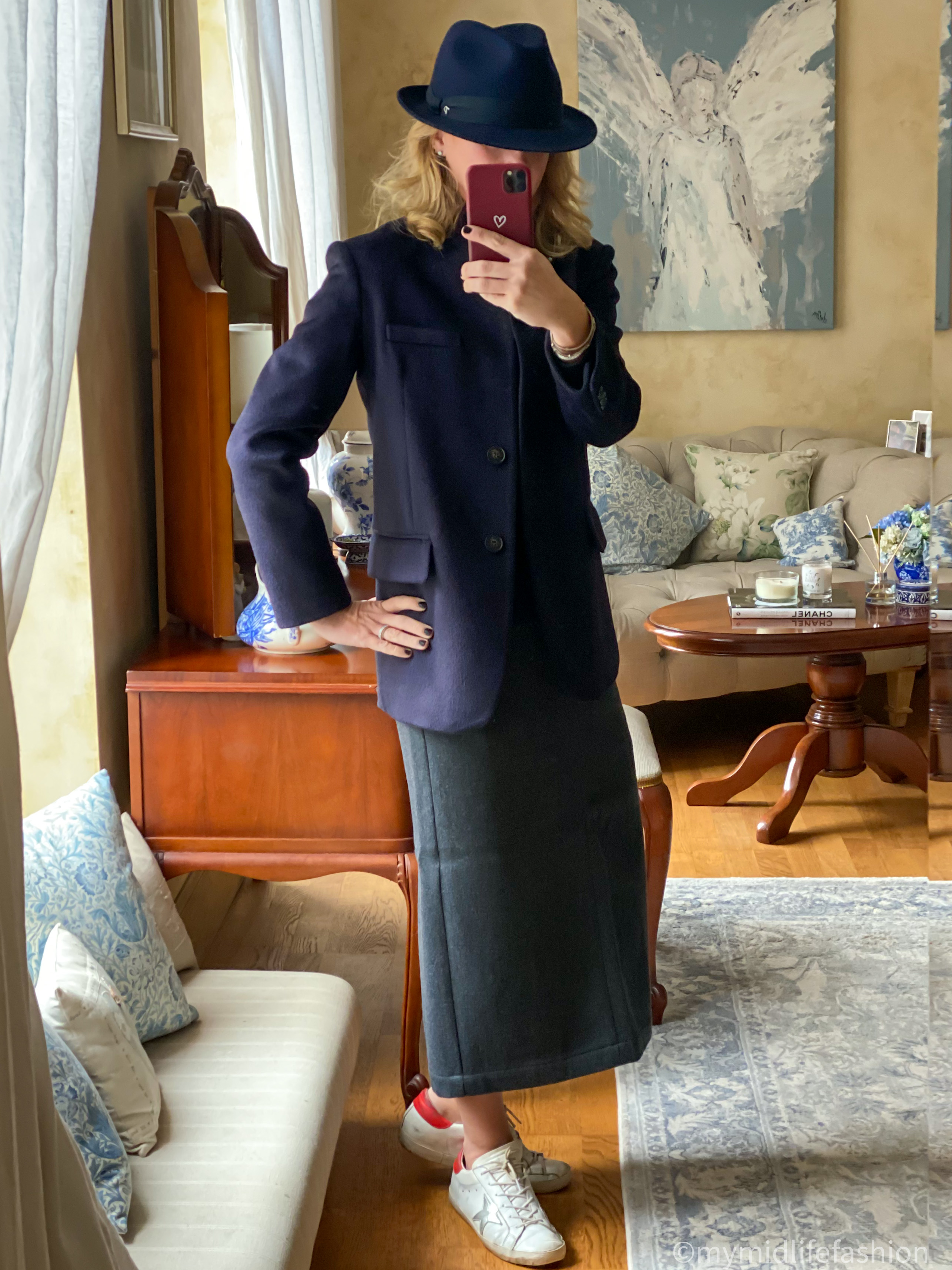 my midlife fashion, felt trilby hat, Vanessa bruno blazer, marks and Spencer pure cashmere roll neck jumper, raey wool straight skirt, golden goose superstar low top leather trainers