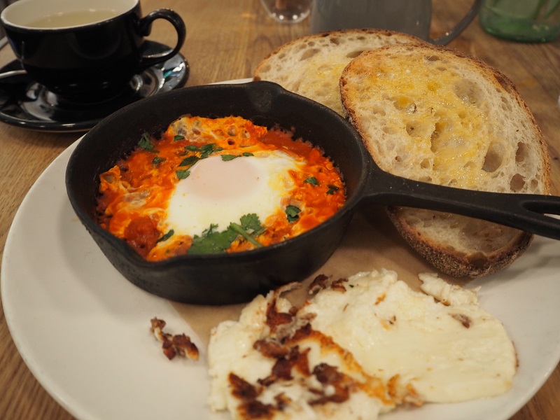 Evelyn's shakshuka with a side of halloumi and sourdough