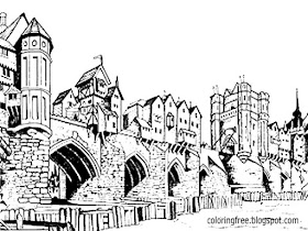 Water reed Straw roof medieval river side houses Dark Ages coloring pages for teenagers printable