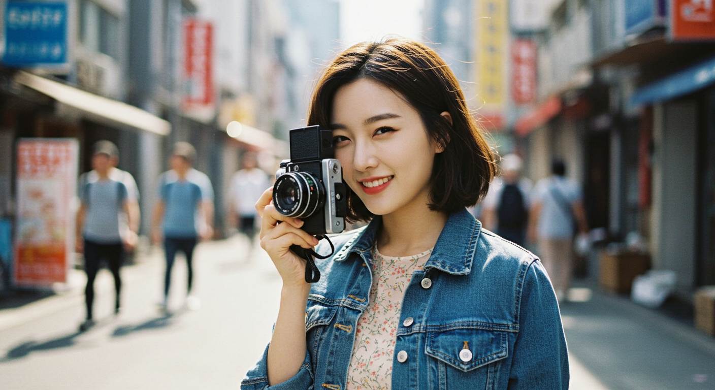 필름 카메라를 들고 있는 여성