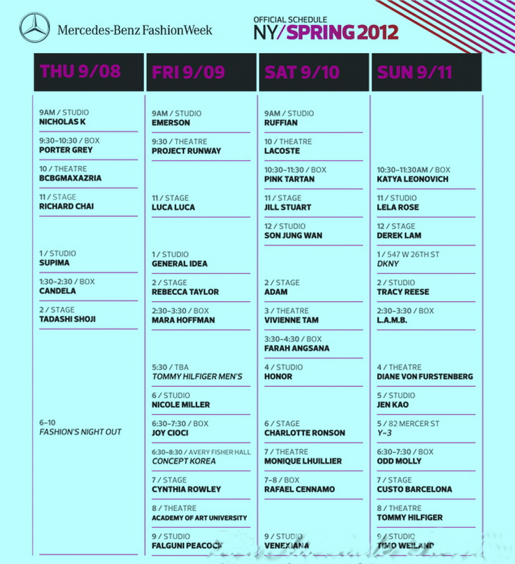 mercedes benz New York Fashion Week Spring/Summer 2012 Official Schedule