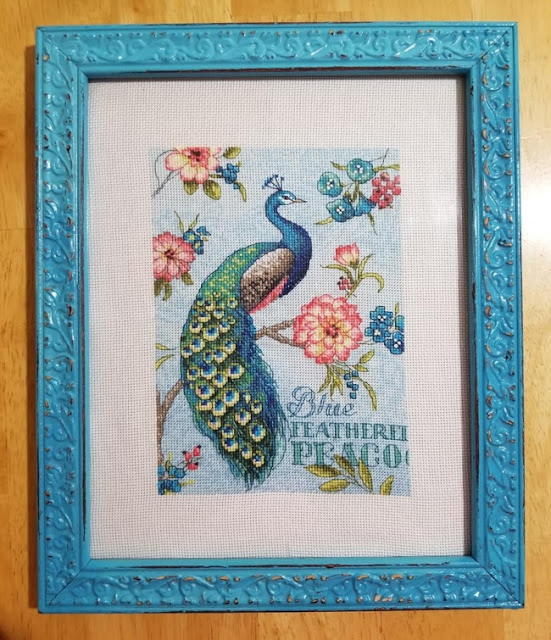 Completed Blue Peacock Cross Stitch