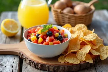 Vibrant fruit salsa with homemade cinnamon chips.