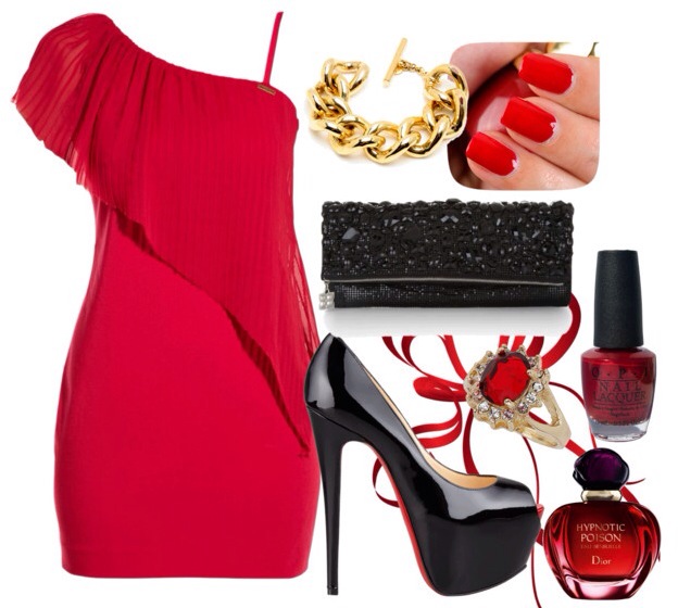 Red gown, golden chain bracelet, red nails, purse and high heel shoes for ladies