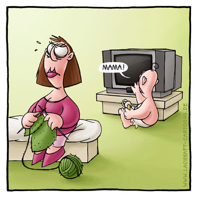 Mama Fernseher TV Gerät fernsehen schauen gucken Frau stricken Baby Kinder erschrocken Erziehung Eltern Cartoon Cartoons Witze witzig witzige lustige Bildwitze Bilderwitze Comic Zeichnungen lustig Karikatur Karikaturen Illustrationen Michael Mantel lachhaft Spaß Humor