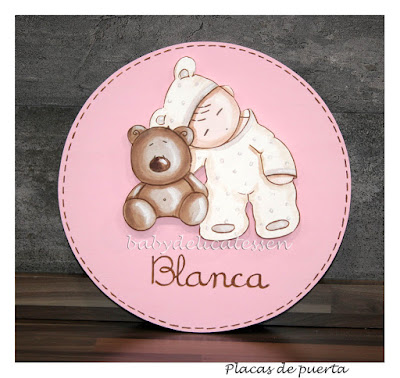 placa de puerta infantil bebé durmiendo con osito nombre Blanca babydelicatessen