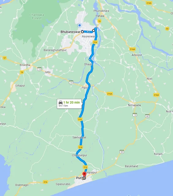 Road Distance Map From Bhubaneswar to Puri