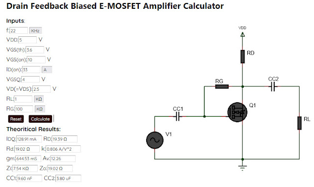 E-MOSFET drain feedback bias Amplifier design calculator