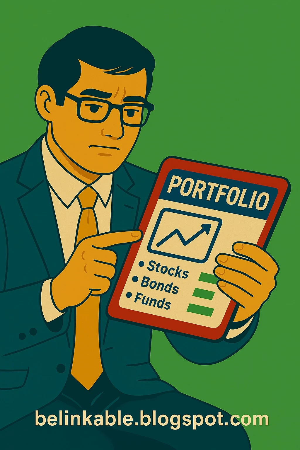 Investor reviewing investment portfolio on a tablet in a 2025 office.