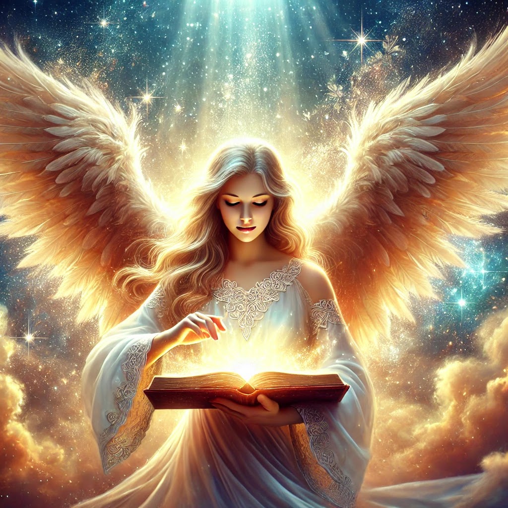 An angel opening a book of wisdom, symbolizing faith, abundance, and new possibilities.