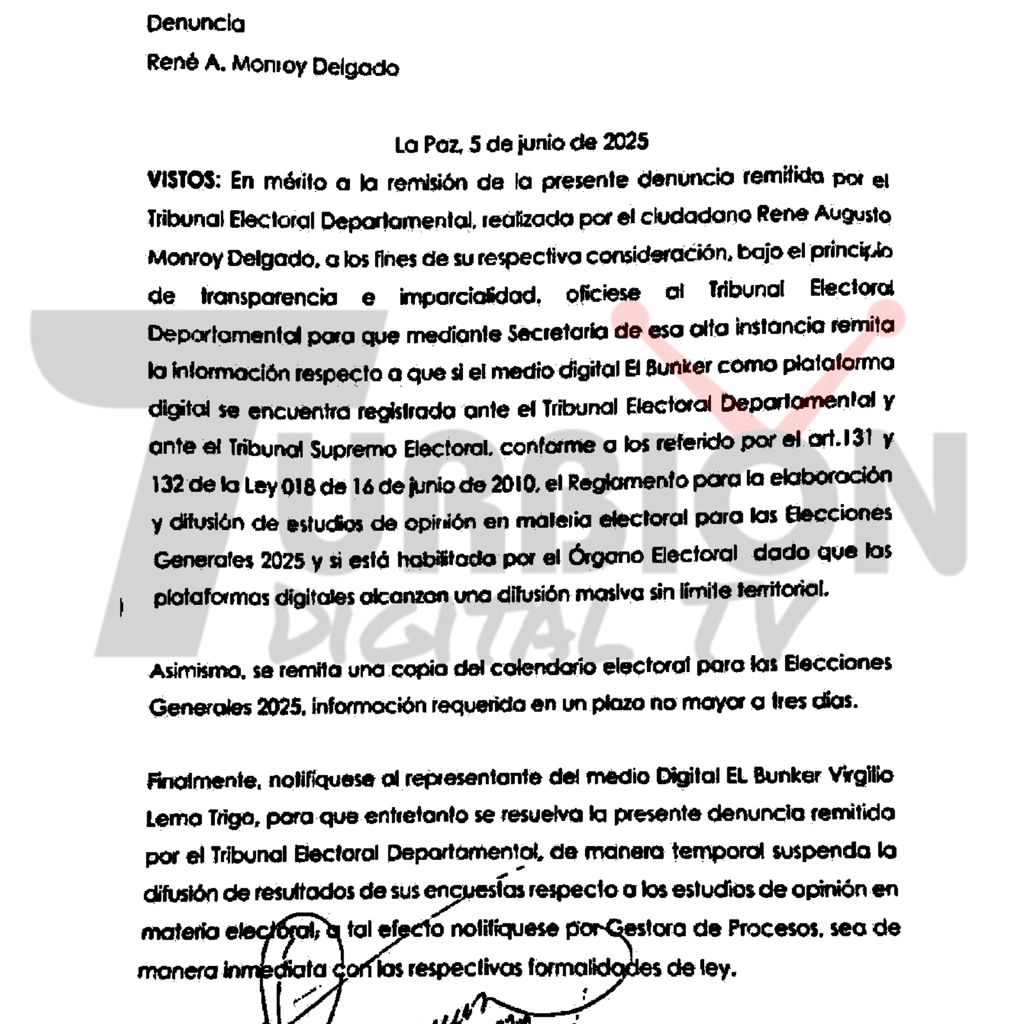 Virginio Lema, representante legal de El Búnker - Notificación judicial sobre encuestas electorales