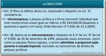 Estatudo das Microempresas - Lei 9841/99, art. 38 - Admissibilidade da Propositura de Ação perante o Juizado Especial.