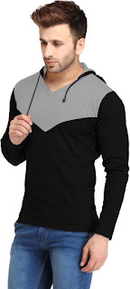 Leana Solid Men's Hooded Grey, Black T-Shirt 