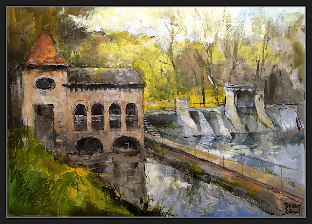 VILADOMIU NOU-GIRONELLA-PINTURA-ART-RESCLOSA-CANAL-AIGUA-COLONIA TEXTIL-PAISATGES-RIU-LLOBREGAT-ARTISTA-PINTOR-ERNEST DESCALS