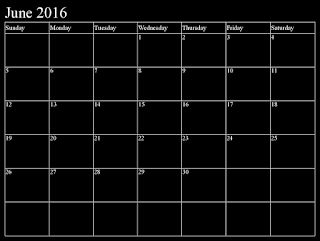 June 2016 monthly calendar