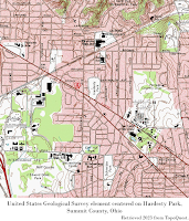 Color topographic map, United States Geological Survey element centered on Hardesty Park, Summit County, Ohio. Retrieved 2023 from TopoQuest.