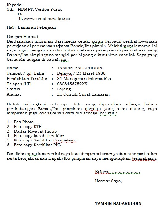 Contoh Surat Lamaran Kerja ( Download )