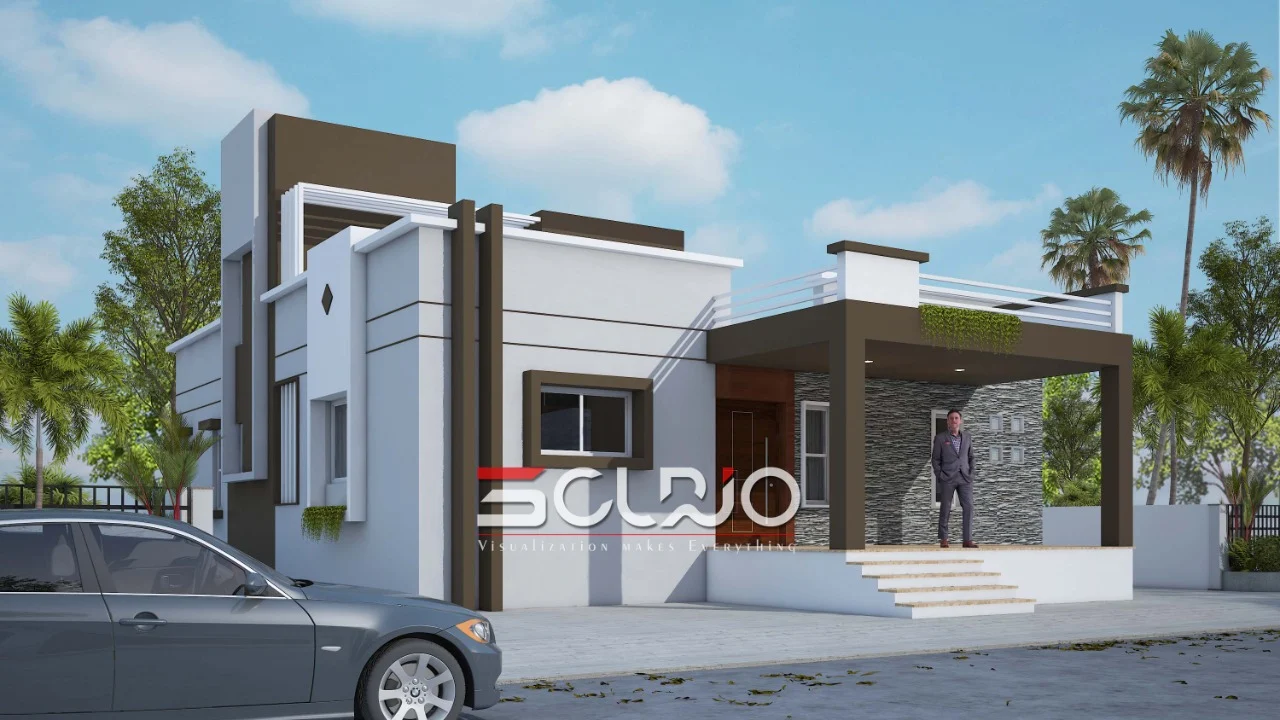 village single floor home front design