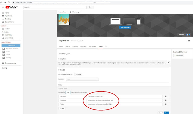 how to add socail links in youtube channel