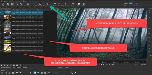 interfaccia di shotcut con foto in elenco riproduzione