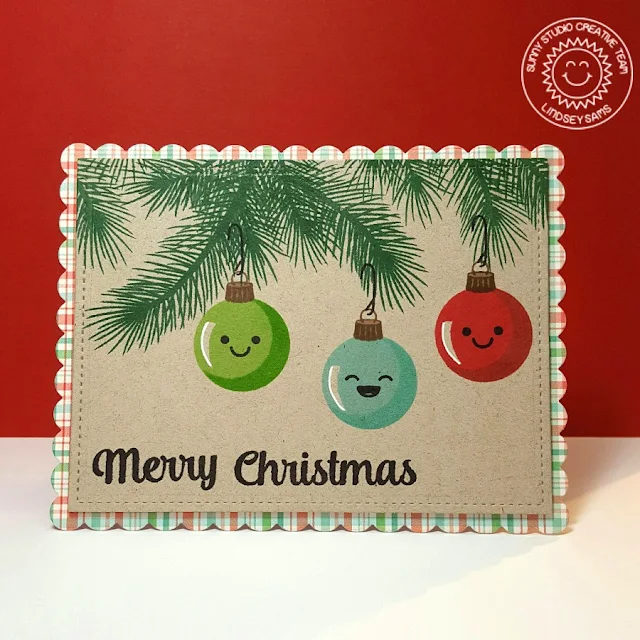 Sunny Studio Stamps: Holiday Style Ornament Christmas Card by Lindsey Sams (using Merry Sentiments and Smiley Faces from Fresh & Fruity).