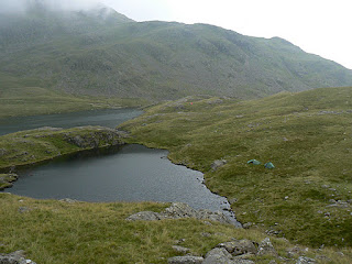 Looking down at our pitch next to Sprinkling Tarn