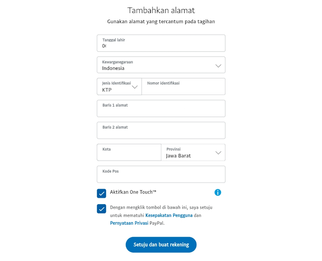 Formulir daftar akun paypal