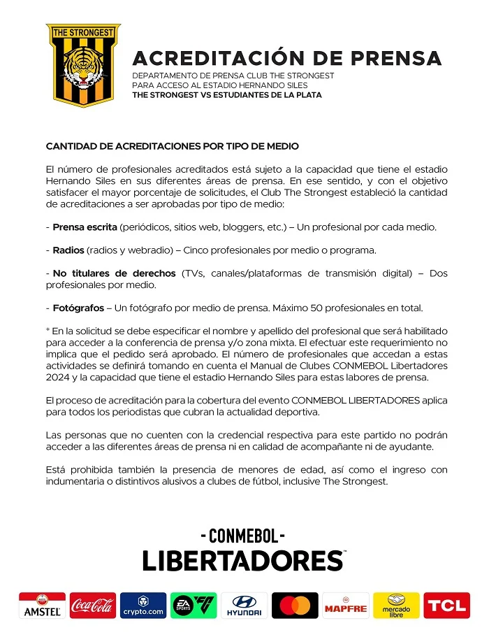 Acreditación de Prensa para Acceso al Estadio Hernando Siles, para el partido THE STRONGEST VS ESTUDIANTES DE LA PLATA