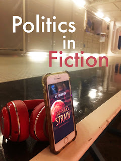 Politics in Fiction type over image of The Mars Strain audiobook on cell phone screen resting beside red Beats headphones on NASA Space Center walkway.