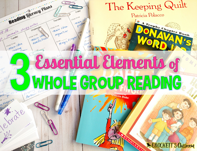 The 3 essential elements of whole class reading lessons in a literacy block.  Whole class lessons are the starting point in your literacy block.  It's when you introduce important skills, strategies, and procedures to your class.  Learn more about the 3 elements that should be in every whole class reading lesson.