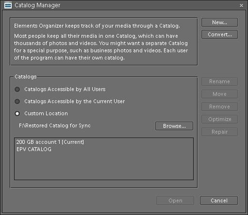 There are following three options in Catalog Management Dialog. These options decide where your catalog is going to create:1.  Catalogs Accessible by All Users If this particular option is selected, catalog will be created @ADOBE PHOTOSHOP ELEMENTS 7.0.0WIN_XP: C::Documents and Settings:All Users:Application Data:Adobe:Photoshop Elements:CatalogsWIN_7 : C::ProgramData:Adobe:Photoshop Elements:CatalogsADOBE PHOTOSHOP ELEMENTS 8.0.0WIN_XP: C::Documents and Settings:USER_NAME:Application Data:Adobe:Elements Organizer:CatalogsWIN_7 : C::ProgramData:Adobe:Elements Organizer:Catalogs2.  Catalogs Accessible by the Current User If this particular option is selected, catalog will be created @ADOBE PHOTOSHOP ELEMENTS 7.0.0WIN_XP: C::Documents and Settings:USER_NAME:Application Data:Adobe:Photoshop Elements:CatalogsWIN_7 : C::Users:USER_NAME:AppData:Roaming:Adobe:Photoshop Elements:CatalogsADOBE PHOTOSHOP ELEMENTS 8.0.0WIN_XP: C::Documents and Settings:USER_NAME:Application Data:Adobe:Elements Organizer:CatalogsWIN_7 : C::Users:USER_NAME:AppData:Roaming:Adobe:Elements Organizer:Catalogs3.  Custom Location Here you have an option to select appropriate location. Click on BROWSE button in front of this option and select the location where you want to create new catalog.