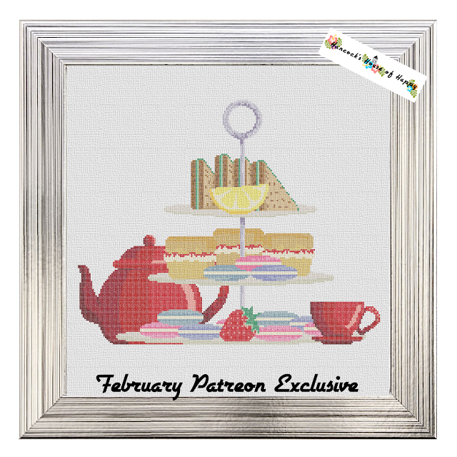 It is a huge and colourful high tea cross stitch pattern complete with macarons, finger sandwiches, and scones