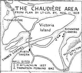 Map of 'The Chaudière area from plan by lt-col by, aug 11, 1828' showing Victoria and Chaudiere Islands, the north end of LeBreton Flats, and the west extension of Wellington Street. The Wellington trail comes in from the right, then down, makes a sharp turn west across a body of water then curves up to meet the road connecting to Chaudière crossing and the road to Richmond in a Y of ambiguous orientation.