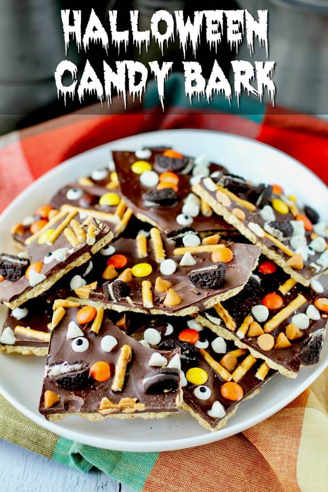 Halloween Candy Bark with pretzels and candy