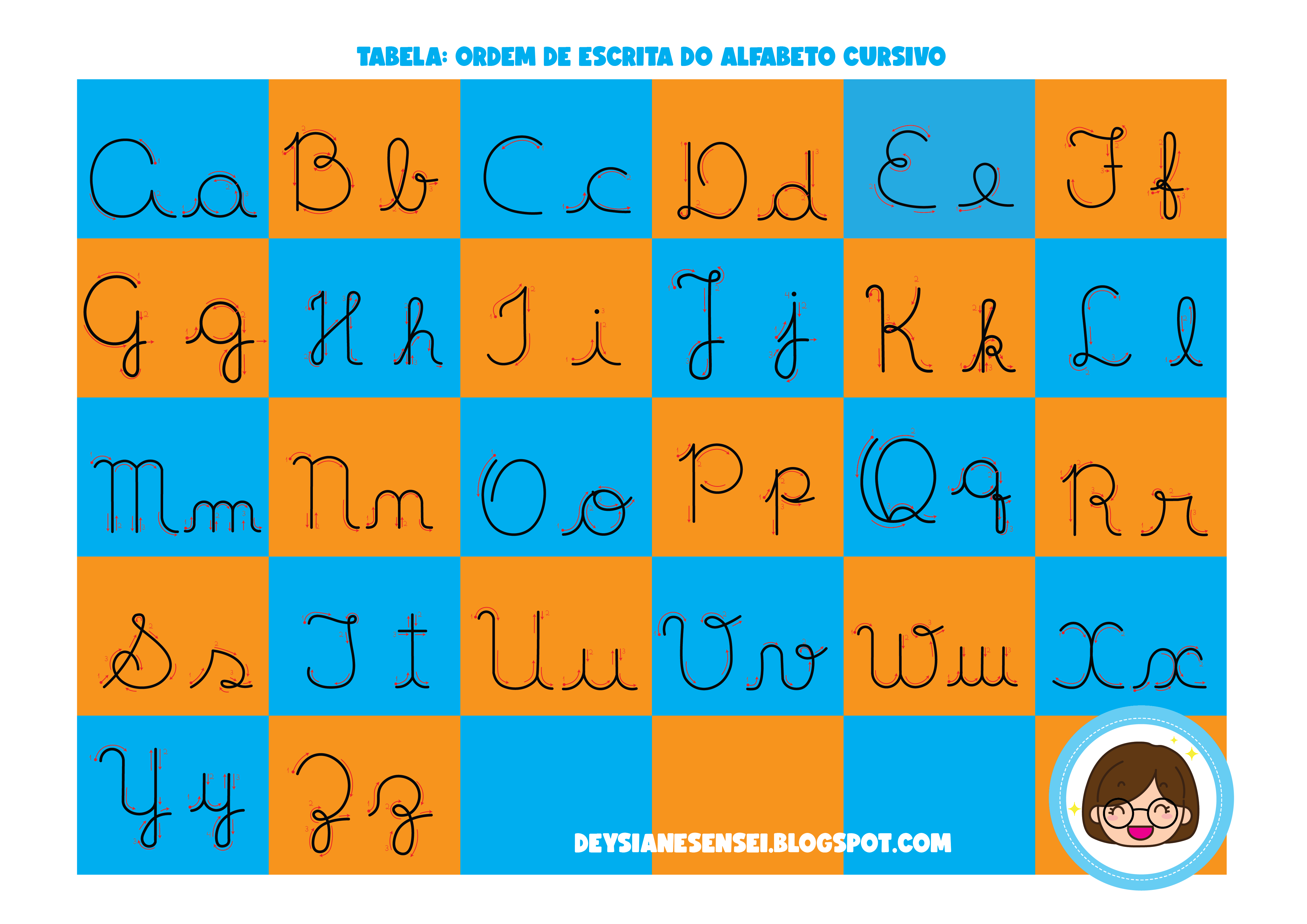 DeysianeSensei: Atividades para baixar: Linguagem - Alfabeto em letra  cursiva com setas