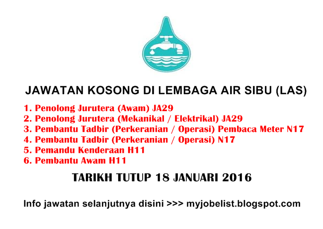 Jawatan Kosong di Lembaga Air Sibu (LAS) - 18 Januari 2016