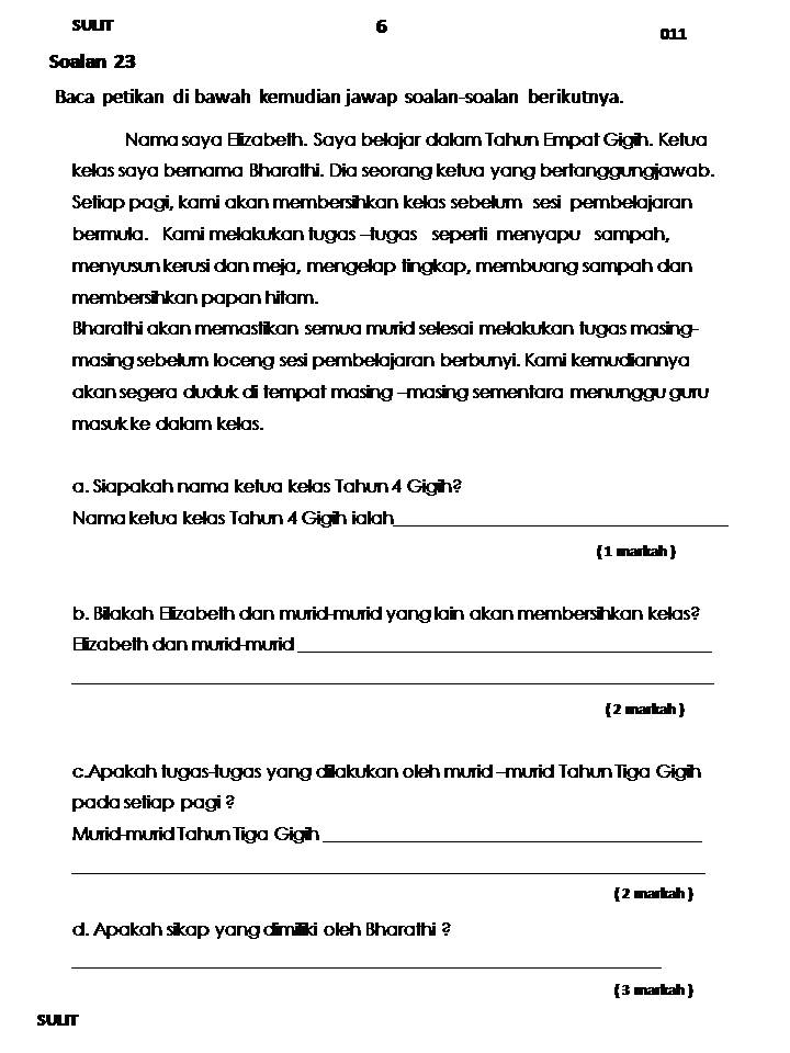 Bicara kehidupan: Soalan Pemahaman Bahasa Melayu Tahun 4.