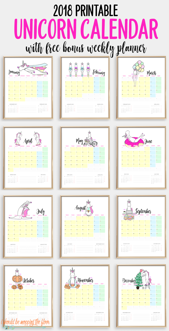 2018 Printable Unicorn Calendar | 12 months of MAGICAL UNICORN love ready to print and enjoy. Bonus Unicorn Weekly Planner Printable, too!