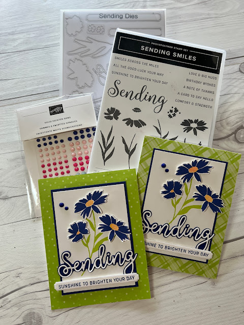 Objects used to create two handmade greeting cards featuring Stampin' Up! Sending Smiles Stamp Set