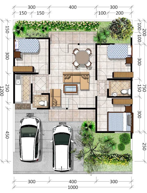 Denah tipe 45 dengan carport yang cukup luas, REFERENSI RUMAH