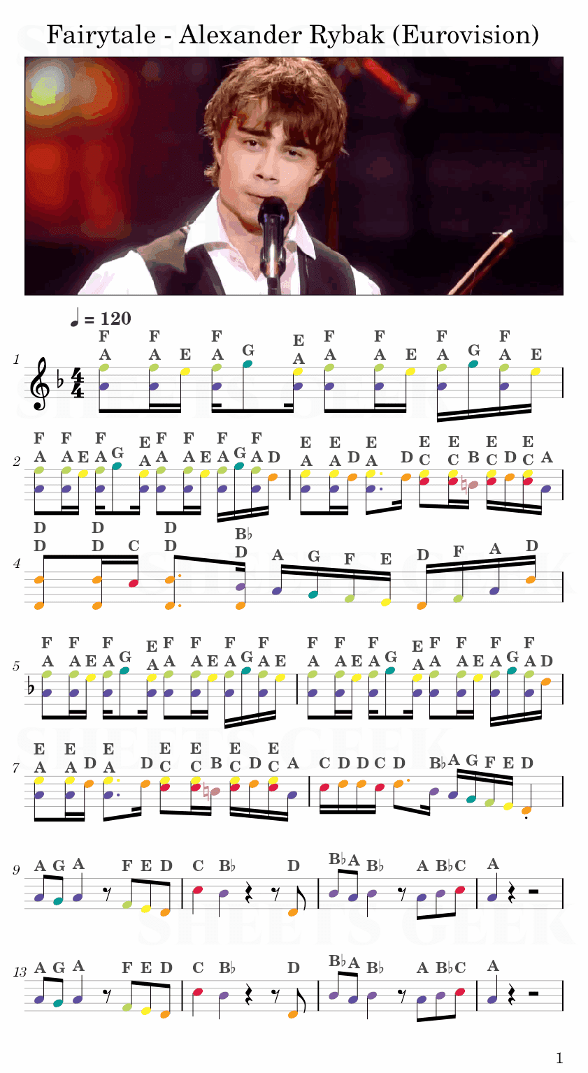 Fairytale - Alexander Rybak (Eurovision) Easy Sheet Music Free for piano, keyboard, flute, violin, sax, cello page 1