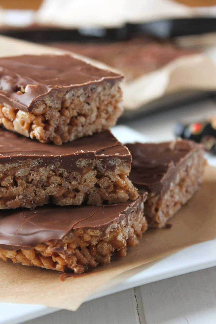 A stack of no bake Mars Bar Squares