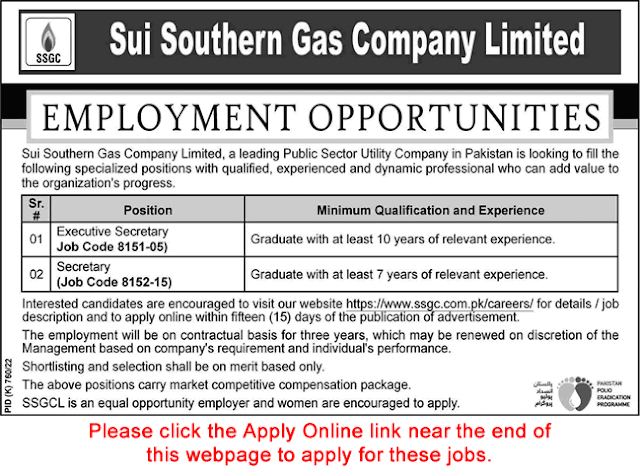 Executive Secretary Jobs in SSGC September 2022 Apply Online Sui Southern Gas Company Limited Latest