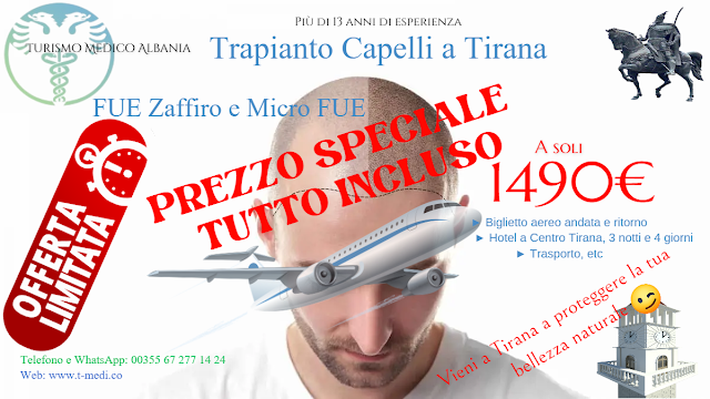 Trapianto di Capelli, FUE Zaffiro, a soli 1490€ in Albania, tutto incluso
