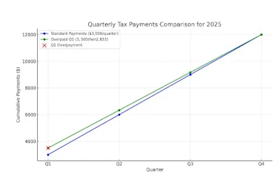 "Line graph comparing quarterly tax payments for 2025, showing standard payments, overpaid Q1 amounts, and Q1 overpayment amounts across four quarters."