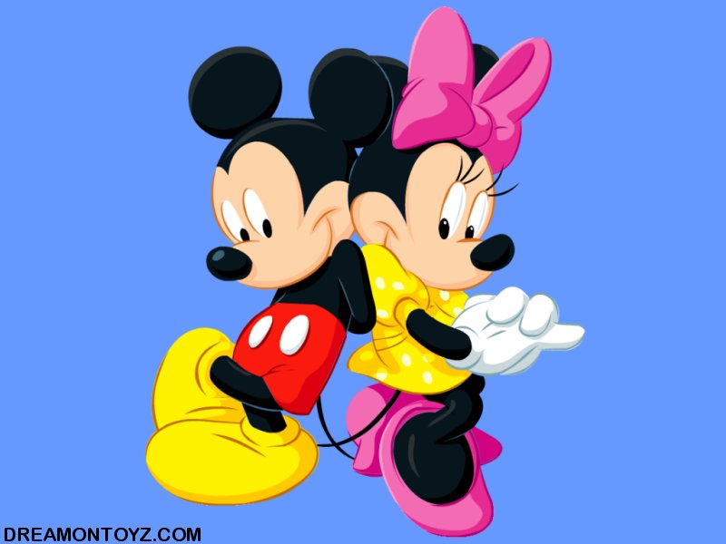 Cartoon wallpaper of Mickey Mouse with Minnie Mouse on blue background
