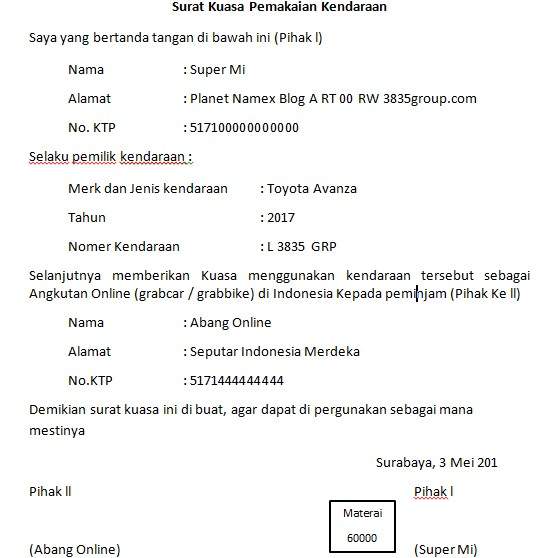 Contoh Surat Kuasa Balik Nama Motor Ketentuan dari surat kuasa ketika mendaftarkan grab yakni.