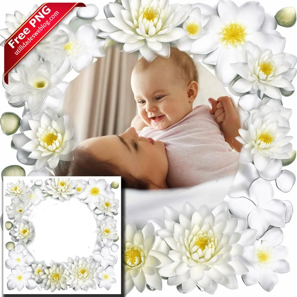marco para fotos con flores acuaticas de color blanco en png con fondo transparente para descargar gratis